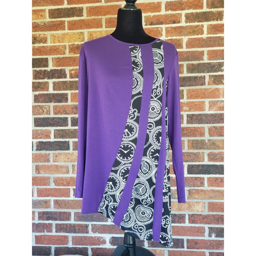 Hua Lan Women's Tunic Top - Purple, Black, White Watch Design - Size XL